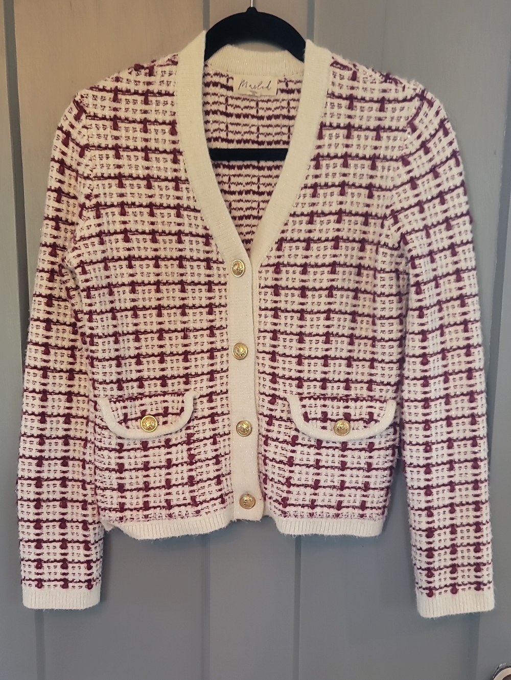 Marled Cream and Red Tweed-Style Sweater